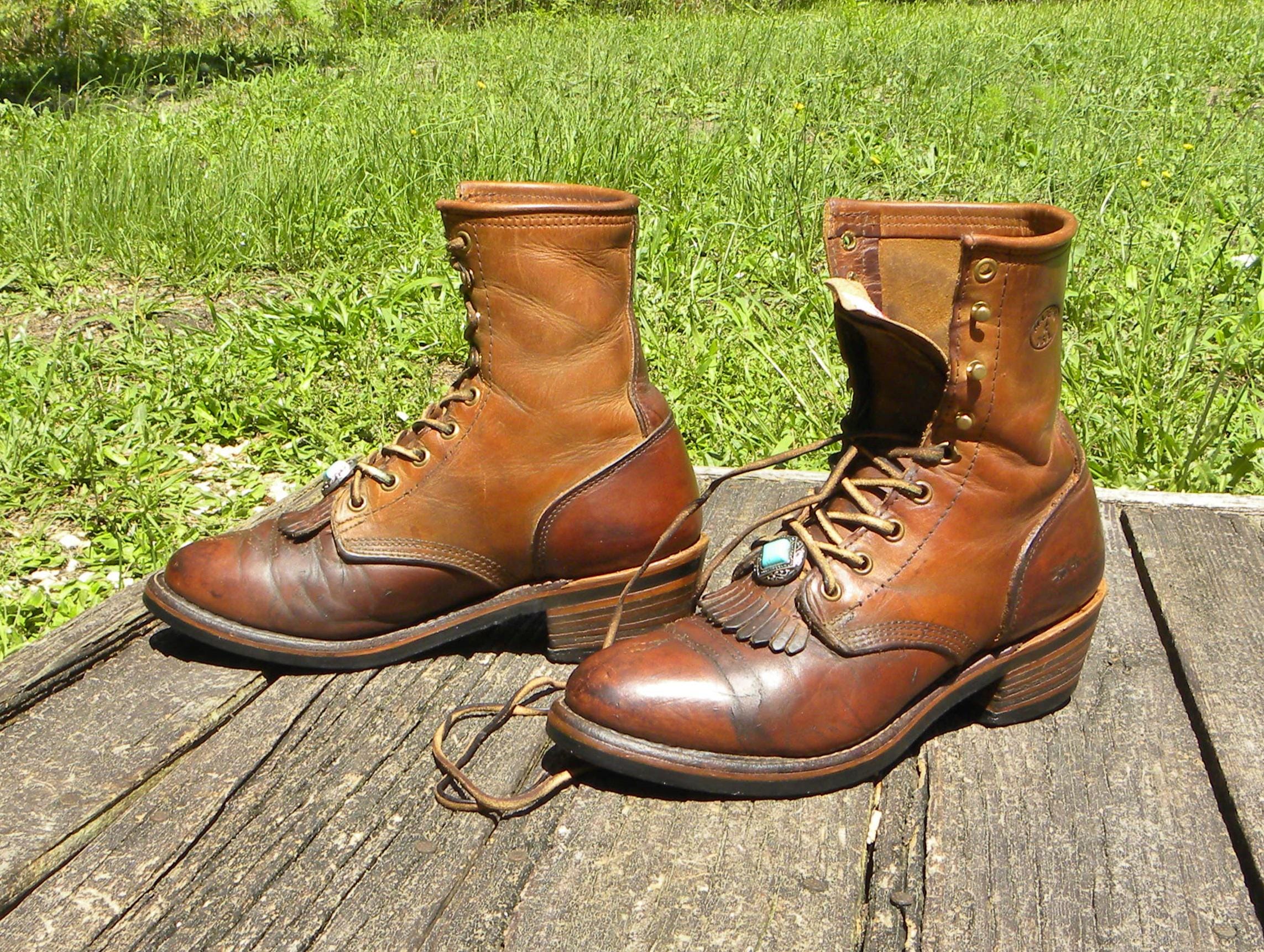 Double H Men 10 Packer Boots Brown Leather Lace Up Kiltie Western Rugged VTG Men main image 2