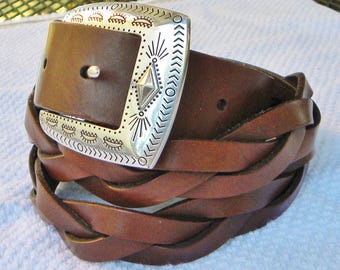Vintage BRIGHTON USA Western Belt with 2Pc SW design silver Buckle size XLarge--47&quot;