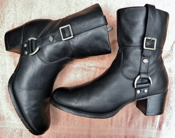 Vintage HARLEY-DAVIDSON Black Leather Moto Boots-… - image 5