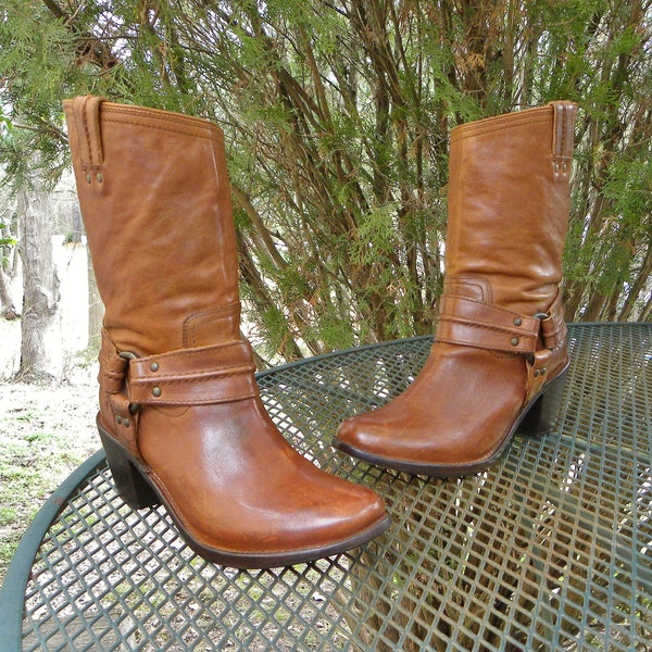 Vintage FRYE Leather Engineer Boots- O-Ring ankle Harness-chunky Heels Brown Midcalf Ropers Womens 10B