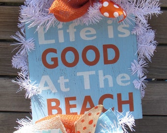 36" Life Is Good At The Beach Wreath Beach Door Decor Summer Starfish Teardrop Blue Orange Swag Beach Starfish Door Decor Beach Burlap Swag