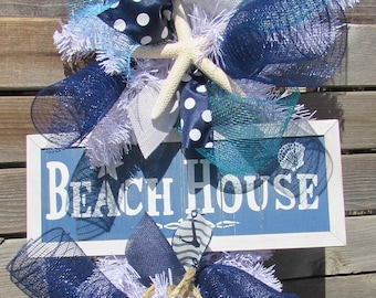 36" Beach House Wreath Summer Wreath Starfish Wreath Seashell Teardrop Beach Door Decor Blue White Anchor Swag Starfish Beach House Teardrop