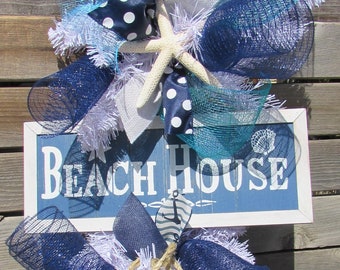 36" Beach House Wreath Summer Wreath Starfish Wreath Seashell Teardrop Beach Door Decor Blue White Anchor Swag Starfish Beach House Teardrop