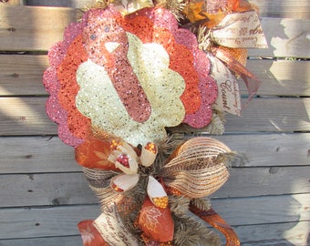 3' Thanksgiving Wreath Turkey Door Decor Corn Husk Wreath Fall Leaf Door Decor Acorn Mesh Teardrop Turkey Swag Thanksgiving Pumpkin Swag