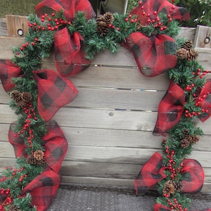 9' Christmas Garland Buffalo Check Garland Christmas Mantel Greenery Garland Red Berry Garland Pine Cone Greenery Garland Holiday Garland