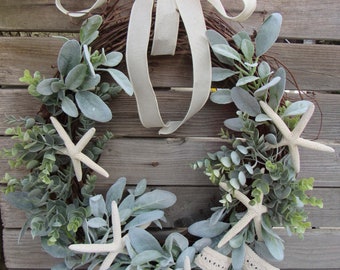 18" Starfish Wreath Summer Lambs Ear Door Decor Grapevine Eucalyptus Starfish Wreath Starfish Greenery Wreath Beach Lambs Ear Door Decor