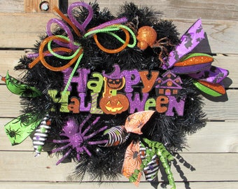 18" Happy Halloween Wreath Spider Wreath Bat Wreath Halloween Door Decor Spider Door Decor Black Purple Green Wreath Jack O Lantern Wreath