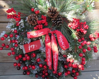 Christmas Wreath Merry Christmas Door Decor Red Berry Greenery Wreath Flocked Pine Wreath Red Joy Pine Cone Wreath Crabapple Berry Wreath