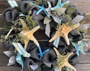 Summer Wreath Summer Burlap Wreath Starfish Door Decor Starfish Wreath Beach Themed Door Wreath Sea Themed Wreath Gray White Beach Wreath