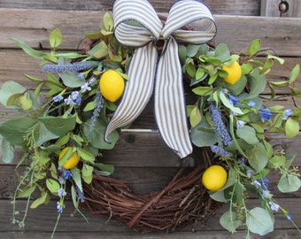 22" Lemon Greenery Wreath Lavender Lemon Door Decor Eucalyptus Wreath Farmhouse Grapevine Wreath Summer Fruit Wreath Wildflower Door Decor