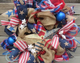 4th Of July Wreath Burlap Fourth Of July Door Decor Stars and Stripes Wreath Red White Blue Burlap Wreath God Bless America Tin Star Decor