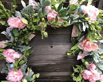 Easter Garland Easter Egg Table Decor Easter Peony Mantel Swag Easter Decor Spring Egg Centerpiece Pink Peony Garland Easter Flower Greenery