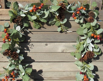 Fall Greenery Garland Fall Table Decor Thanksgiving Centerpiece Fall Berry Mantel Swag Fall Eucalyptus Crabapple Greenery Pine Cone Swag