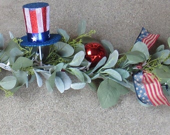 4th Of July Lighted Garland Patriotic Greenery Garland Red White Blue Lit Swag Happy 4th Of July Eucalyptus Flag Garland Stars Stripes Swag