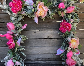 Flamingo Garland Summer Peony Garland Spring Flower Greenery Flamingo Peony Table Decor Flamingo Mantel Swag Pink Flamingo Eucalyptus Swag