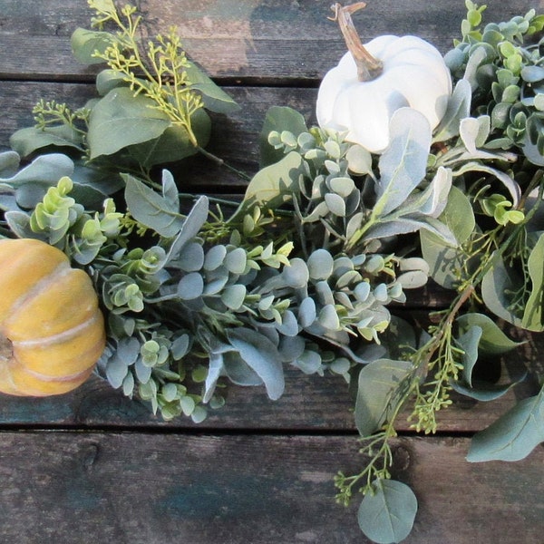 5' Fall Greenery Garland Thanksgiving Lambs Ear Table Decor Fall Green Eucalyptus White Pumpkin Wedding Garland Fall Pumpkin Mantel Garland