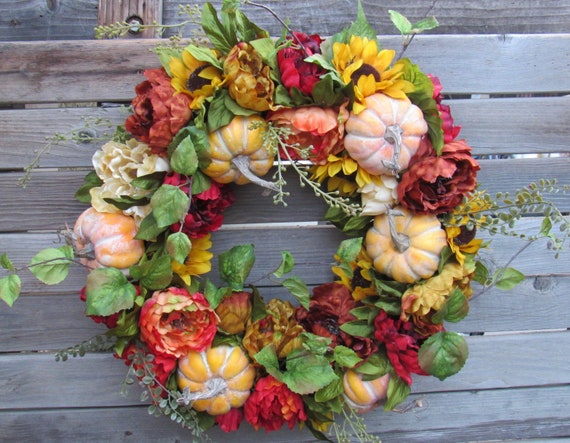 Fall Peony Wreath Fall Pumpkin Door Decor Fall Sunflower Door Wreath Autumn Floral Wreath Thanksgiving Peony Greenery Wreath Pumpkin Wreath