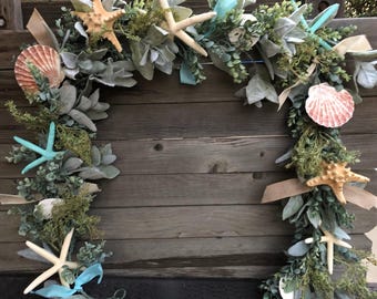 Summer Garland Beach Mantel Swag Beach Door Decor Starfish Table Greenery Seashell Garland Beach Theme Centerpiece Starfish Mantel Garland