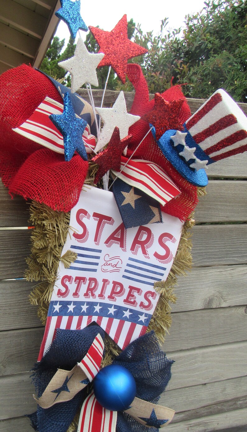 4th of July Wreath Stars and Stripes Door Decor Patriotic Swag Red ...
