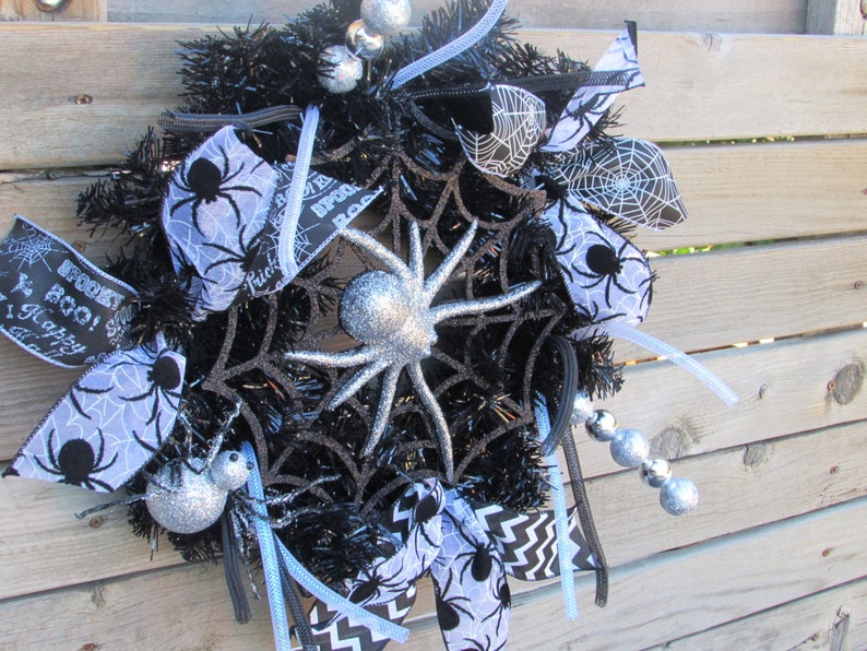 18 Halloween Wreath Spider Wreath Spider Web Wreath Black Silver Wreath Spider Door Decor Halloween Door Decor Halloween Decor Spider Decor