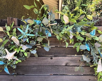 Summer Eucalyptus Greenery Starfish Pip Berry Garland Beach Mantel Swag Summer Table Decor Beach Door Decor Blue Green Starfish Garland