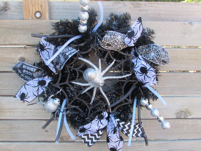 18 Halloween Wreath Spider Wreath Spider Web Wreath Black Silver Wreath Spider Door Decor Halloween Door Decor Halloween Decor Spider Decor