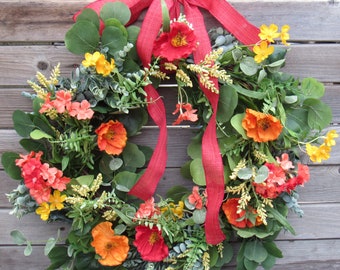 Poppy Wreath Summer Flower Wreath Spring Floral Greenery Wreath Mother's Day Gift Eucalyptus Door Decor Red Yellow Orange Poppy Door Wreath