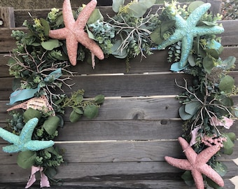 Summer Garland Beach Table Decor Starfish Mantel Swag Fish Garland Starfish Greenery Beach Theme Swag Sea Garland Pink Blue Beach Swag