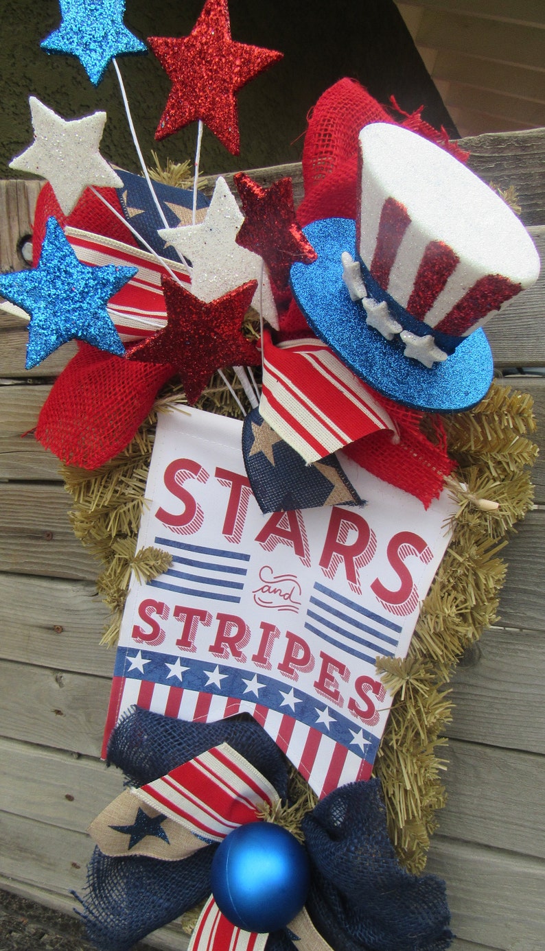 4th of July Wreath Stars and Stripes Door Decor Patriotic Swag Red ...