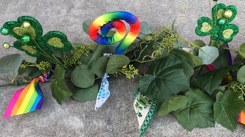 St. Patrick's Day Garland St. Pat's Table Decor Shamrock Mantel Greenery St. Patrick's Day Rainbow Eucalyptus Swag St. Pat's Clover Greenery image 7