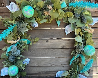 Summer Centerpiece Summer Garland Seahorse Table Decor Seahorse Mantle Garland Sand Dollar Garland Sea Turquoise Eucalyptus Beach Door Swag