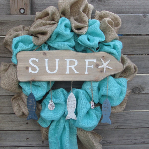 22" Beach Burlap Wreath- Summer Burlap Wreath- Sea Burlap Wreath- Shell Burlap Wreath- Fish Burlap Wreath- Surf Burlap Wreath