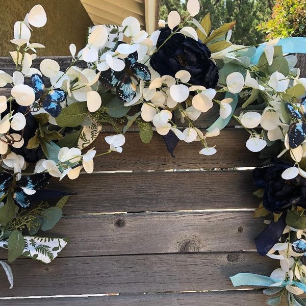 Summer Butterfly Garland Spring Eucalyptus Swag Butterfly Mantel Greenery Blue white Butterfly Table Decor Summer Greenery Door Decor