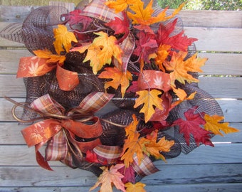 24" Fall Leaf Wreath Brown Deco Mesh Wreath Thanksgiving Wreath Autumn Wreath Fall Door Decor Twig Leaf Wreath Maple Leaf Door Decor