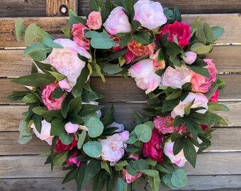 Peony Wreath Pink Peony Door Decor Spring To Summer Peony Floral Door Wreaths Fuchsia Peony Eucalyptus Wreath Everyday Peony Flower Wreath