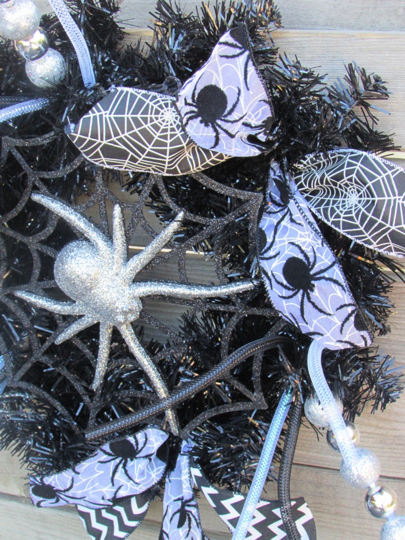 18 Halloween Wreath Spider Wreath Spider Web Wreath Black Silver Wreath Spider Door Decor Halloween Door Decor Halloween Decor Spider Decor