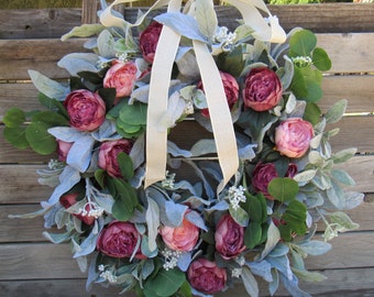 Spring Lamb's Ear Wreath Spring Peony Greenery Wreath Easter Door Decor Summer Pink Peony Door Wreath Eucalyptus Lambs Ear Peony Door Decor