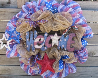 24" Patriotic Welcome Wreath Patriotic Door Decor 4th Of July Wreath July 4th Stars Wreath Independence Day Red White Blue Mesh Wreath