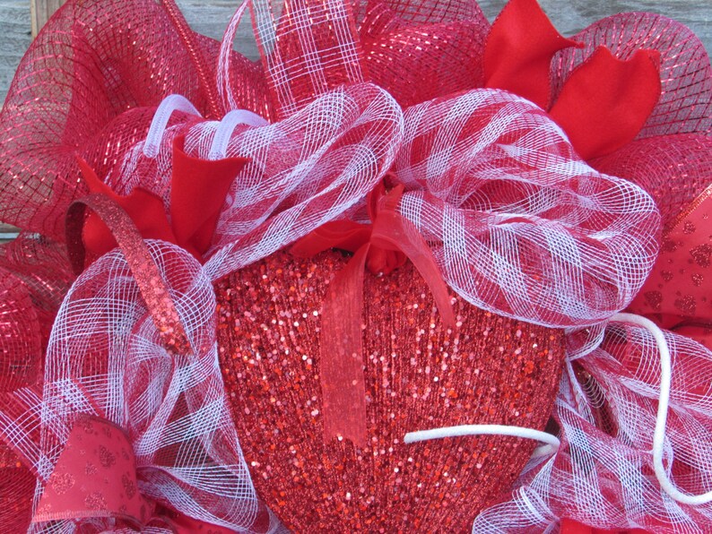 24 Valentine's Day Wreath Valentine Deco Mesh Wreath Heart Wreath Valentine Door Decor Red White Heart Door Decor Heart Deco Mesh Wreath image 3