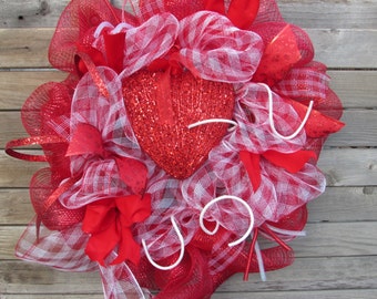 24" Valentine's Day Wreath Valentine Deco Mesh Wreath Heart Wreath Valentine Door Decor Red White Heart Door Decor Heart Deco Mesh Wreath