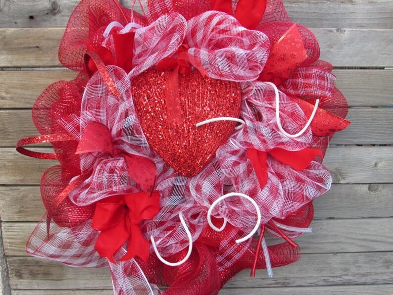 24 Valentine's Day Wreath Valentine Deco Mesh Wreath Heart Wreath Valentine Door Decor Red White Heart Door Decor Heart Deco Mesh Wreath image 1