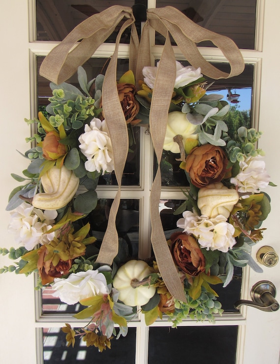 Fall Pumpkin Wreath Fall Gourd Wreath Fall Peony Door Decor Hydrangea Rose Wreath Thanksgiving White Pumpkin Wreath Fall Greenery Wreath