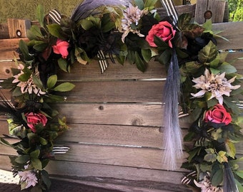 Halloween Floral Garland Pink Rose Garland Halloween Greenery Spider Feather Mantel Swag Halloween Door Decor Halloween Peony Table Decor