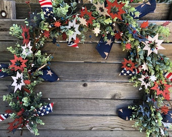 4th of July Garland Fourth Of July Table Decor Red White Blue Mantel Swag Star Centerpiece Independence Table Greenery Stars Stripes Swag