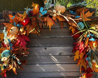 Thanksgiving Garland: Fall Pumpkin, Sunflower Mantel Swag Blue Orange Pumpkin Garland Fall Leaf Centerpiece Fall Floral Berry Table Decor
