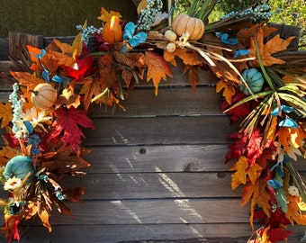 Thanksgiving Garland Thanksgiving Mantel Swag Fall Pumpkin Door Decor Fall Sunflower Table Garland Thanksgiving Centerpiece Blue Orange Swag