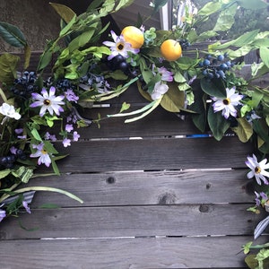 Lemon Blueberry Garland Summer Mantel Swag Lemon Flower Greenery Lemon Berry Table Decor Purple Flower Garland Lemon Herb Eucalyptus Swag