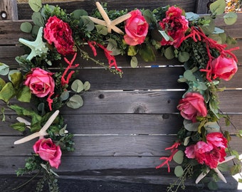 Spring Beach Garland Summer Beach Table Decor Pink Rose Starfish Door Decor Rose Beach Eucalyptus Greenery Summer Rose Peony Mantel Swag