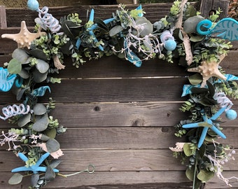 Beach Garland Seahorse Centerpiece Starfish Mantel Swag Blue White Starfish Summer Table Decor Summer Eucalyptus Door Decor Seahorse Garland