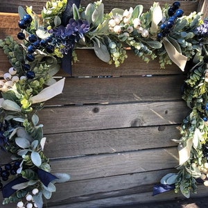 Christmas Garland Winter Door Decor Christmas Eucalyptus Crabapple Swag Blue White Table Decor Everyday Mantel Garland Holiday Mantel Decor image 2